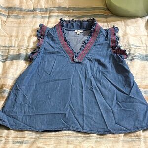 Crown & Ivy Denim Blue Blouse with Pink Trim
